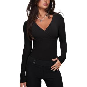 imageREORIA Womens Sexy Deep V Neck Bodysuit Cross Wrap Bodysuit Long Sleeve Double Lined Top Going Out OutfitsBlack Onyx