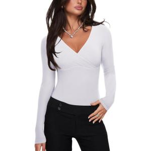imageREORIA Womens Sexy Deep V Neck Bodysuit Cross Wrap Bodysuit Long Sleeve Double Lined Top Going Out OutfitsBrilliant White