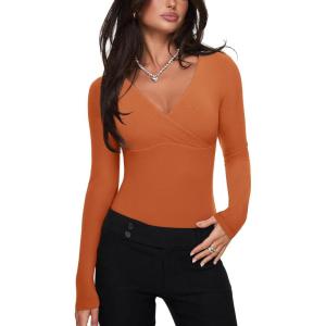 imageREORIA Womens Sexy Deep V Neck Bodysuit Cross Wrap Bodysuit Long Sleeve Double Lined Top Going Out OutfitsHarvest Pumpkin