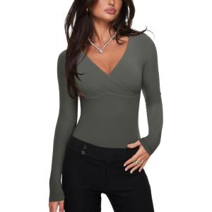imageREORIA Womens Sexy Deep V Neck Bodysuit Cross Wrap Bodysuit Long Sleeve Double Lined Top Going Out OutfitsThyme