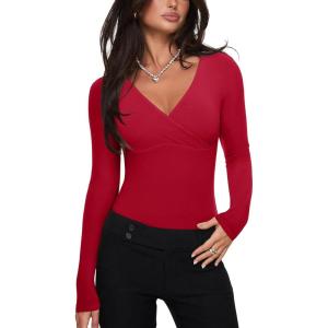imageREORIA Womens Sexy Deep V Neck Bodysuit Cross Wrap Bodysuit Long Sleeve Double Lined Top Going Out OutfitsWatermelon