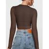imageREORIA Womens Sexy Mesh Long Sleeve Slim Tops Square Neck Thumb Hole Curved Hem Solid Going Out TopCoffee
