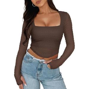 imageREORIA Womens Sexy Mesh Long Sleeve Slim Tops Square Neck Thumb Hole Curved Hem Solid Going Out TopCoffee