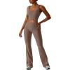 imageREORIA Womens Two Piece Workout Sets V Neck Crop Tank Top and High Waisted Flare Leggings Pants Lounge SetsTaupe