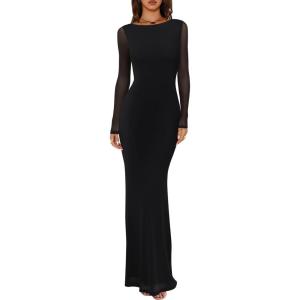 imageREORIA Womens Fall Mesh Sheer Long Sleeve Wedding Guest Dress Sexy Floral Bodycon Maxi Long DressesBlack Onyx