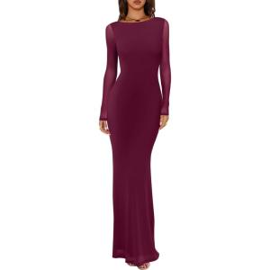 imageREORIA Womens Fall Mesh Sheer Long Sleeve Wedding Guest Dress Sexy Floral Bodycon Maxi Long DressesCordovan
