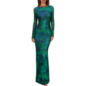 imageREORIA Womens Fall Mesh Sheer Long Sleeve Wedding Guest Dress Sexy Floral Bodycon Maxi Long DressesGreen Bio Tech Floral