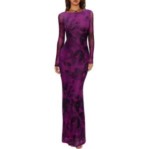 imageREORIA Womens Fall Mesh Sheer Long Sleeve Wedding Guest Dress Sexy Floral Bodycon Maxi Long DressesPurple Nebula Blossom