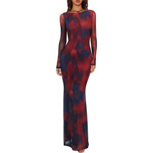 imageREORIA Womens Fall Mesh Sheer Long Sleeve Wedding Guest Dress Sexy Floral Bodycon Maxi Long DressesRed Blue Vision