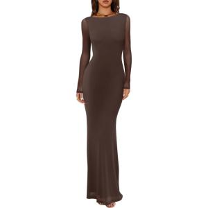 imageREORIA Womens Fall Mesh Sheer Long Sleeve Wedding Guest Dress Sexy Floral Bodycon Maxi Long DressesShaved Chocolate