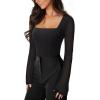 imageREORIA Womens Long Sleeve Square Neck Thong Bodysuit Sheer Mesh Double Lined Tops Fall Outfits 2025Black Onyx