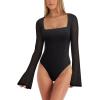 imageREORIA Womens Long Sleeve Square Neck Thong Bodysuit Sheer Mesh Double Lined Tops Fall Outfits 2025Black Onyx