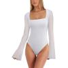 imageREORIA Womens Long Sleeve Square Neck Thong Bodysuit Sheer Mesh Double Lined Tops Fall Outfits 2025Brilliant White