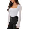 imageREORIA Womens Long Sleeve Square Neck Thong Bodysuit Sheer Mesh Double Lined Tops Fall Outfits 2025Brilliant White