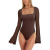 imageREORIA Womens Long Sleeve Square Neck Thong Bodysuit Sheer Mesh Double Lined Tops Fall Outfits 2025Chocolate