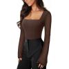 imageREORIA Womens Long Sleeve Square Neck Thong Bodysuit Sheer Mesh Double Lined Tops Fall Outfits 2025Chocolate
