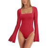 imageREORIA Womens Long Sleeve Square Neck Thong Bodysuit Sheer Mesh Double Lined Tops Fall Outfits 2025Watermelon