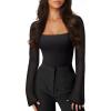 imageREORIA Womens Long Sleeve Square Neck Thong Bodysuit Sheer Mesh Double Lined Tops Fall Outfits 2025Black Onyx