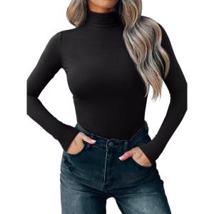 imageREORIA Womens Wool Blend Mock Turtle Neck Long Sleeve Basic Bodysuit Tops Fall ClothesBlack Onyx