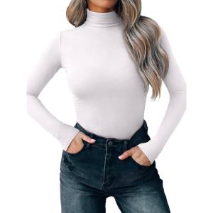 imageREORIA Womens Wool Blend Mock Turtle Neck Long Sleeve Basic Bodysuit Tops Fall ClothesBrilliant White