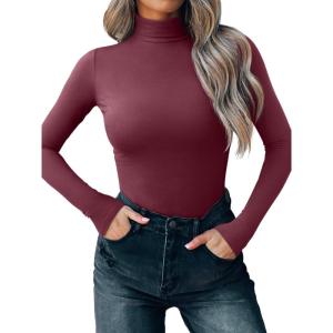 imageREORIA Womens Wool Blend Mock Turtle Neck Long Sleeve Basic Bodysuit Tops Fall ClothesCordovan