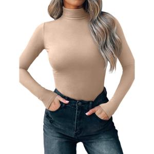 imageREORIA Womens Wool Blend Mock Turtle Neck Long Sleeve Basic Bodysuit Tops Fall ClothesLight Taupe