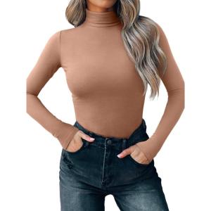 imageREORIA Womens Wool Blend Mock Turtle Neck Long Sleeve Basic Bodysuit Tops Fall ClothesMocha Mousse