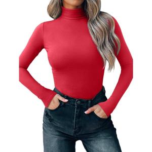 imageREORIA Womens Wool Blend Mock Turtle Neck Long Sleeve Basic Bodysuit Tops Fall ClothesRibbon Red