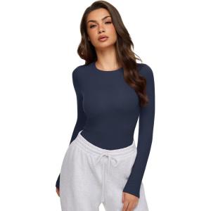 imageREORIA Womens 2025 Crew Neck Long Sleeve Thermal Shirt Fleece Lined Cotton Winter Base Layer Warm Slim Fitted TopsDeep Blue