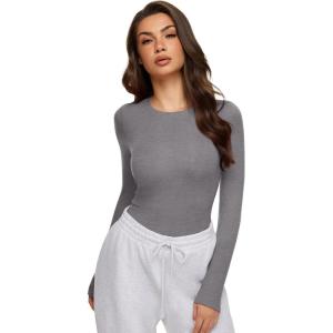 imageREORIA Womens 2025 Crew Neck Long Sleeve Thermal Shirt Fleece Lined Cotton Winter Base Layer Warm Slim Fitted TopsGrey