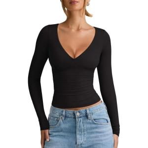 imageREORIA Womens V Neck Long Sleeve Shirts Casual Slim Fitted Tops Double Lined 2025 Fall Fashion ClothesBlack