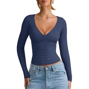 imageREORIA Womens V Neck Long Sleeve Shirts Casual Slim Fitted Tops Double Lined 2025 Fall Fashion ClothesBlue