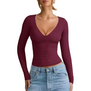 imageREORIA Womens V Neck Long Sleeve Shirts Casual Slim Fitted Tops Double Lined 2025 Fall Fashion ClothesBurgundy