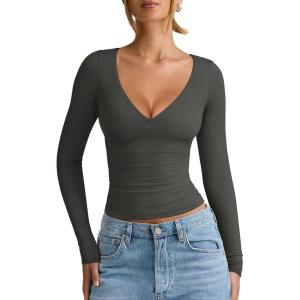 imageREORIA Womens V Neck Long Sleeve Shirts Casual Slim Fitted Tops Double Lined 2025 Fall Fashion ClothesGray
