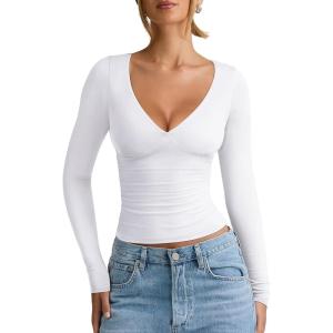 imageREORIA Womens V Neck Long Sleeve Shirts Casual Slim Fitted Tops Double Lined 2025 Fall Fashion ClothesWhite