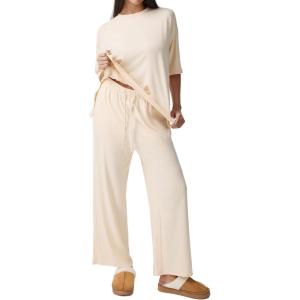 imageREORIA Womens Fall Lounge Sets Sleepwear Short Sleeve Tops and Long Pants 2 Piece PJ Pajama SetsApricot