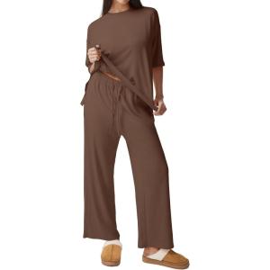 imageREORIA Womens Fall Lounge Sets Sleepwear Short Sleeve Tops and Long Pants 2 Piece PJ Pajama SetsCoffee