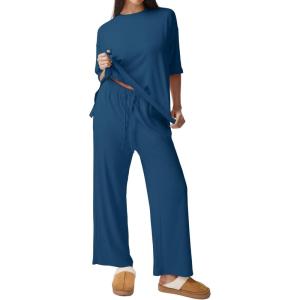 imageREORIA Womens Fall Lounge Sets Sleepwear Short Sleeve Tops and Long Pants 2 Piece PJ Pajama SetsGreen