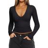 imageREORIA Womens Sexy Plunge Deep V Neck Long Sleeve Basic T Shirts Trendy Slim Fit Lightweight Y2K Going Out Crop TopsBlack