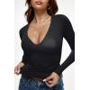 imageREORIA Womens Sexy Plunge Deep V Neck Long Sleeve Basic T Shirts Trendy Slim Fit Lightweight Y2K Going Out Crop TopsBlack