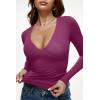 imageREORIA Womens Sexy Plunge Deep V Neck Long Sleeve Basic T Shirts Trendy Slim Fit Lightweight Y2K Going Out Crop TopsBurgundy