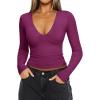 imageREORIA Womens Sexy Plunge Deep V Neck Long Sleeve Basic T Shirts Trendy Slim Fit Lightweight Y2K Going Out Crop TopsBurgundy