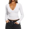 imageREORIA Womens Sexy Plunge Deep V Neck Long Sleeve Basic T Shirts Trendy Slim Fit Lightweight Y2K Going Out Crop TopsWhite
