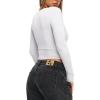 imageREORIA Womens Sexy Plunge Deep V Neck Long Sleeve Basic T Shirts Trendy Slim Fit Lightweight Y2K Going Out Crop TopsWhite