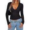 imageREORIA Womens Sexy Plunge Deep V Neck Long Sleeve Basic T Shirts Trendy Slim Fit Lightweight Y2K Going Out Crop TopsBlack