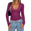 imageREORIA Womens Sexy Plunge Deep V Neck Long Sleeve Basic T Shirts Trendy Slim Fit Lightweight Y2K Going Out Crop TopsBurgundy