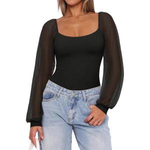 imageREORIA Womens 2025 Fall Casual Mesh Long Sleeve Square Neck Tops Trendy Cute Dressy Slim Fit Going Out TShirtsBlack