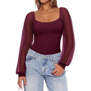 imageREORIA Womens 2025 Fall Casual Mesh Long Sleeve Square Neck Tops Trendy Cute Dressy Slim Fit Going Out TShirtsCordovan