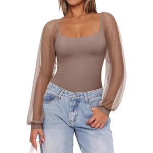 imageREORIA Womens 2025 Fall Casual Mesh Long Sleeve Square Neck Tops Trendy Cute Dressy Slim Fit Going Out TShirtsOxford Tan