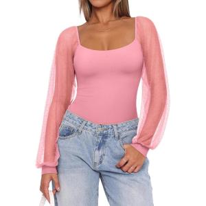 imageREORIA Womens 2025 Fall Casual Mesh Long Sleeve Square Neck Tops Trendy Cute Dressy Slim Fit Going Out TShirtsPink Dolphin